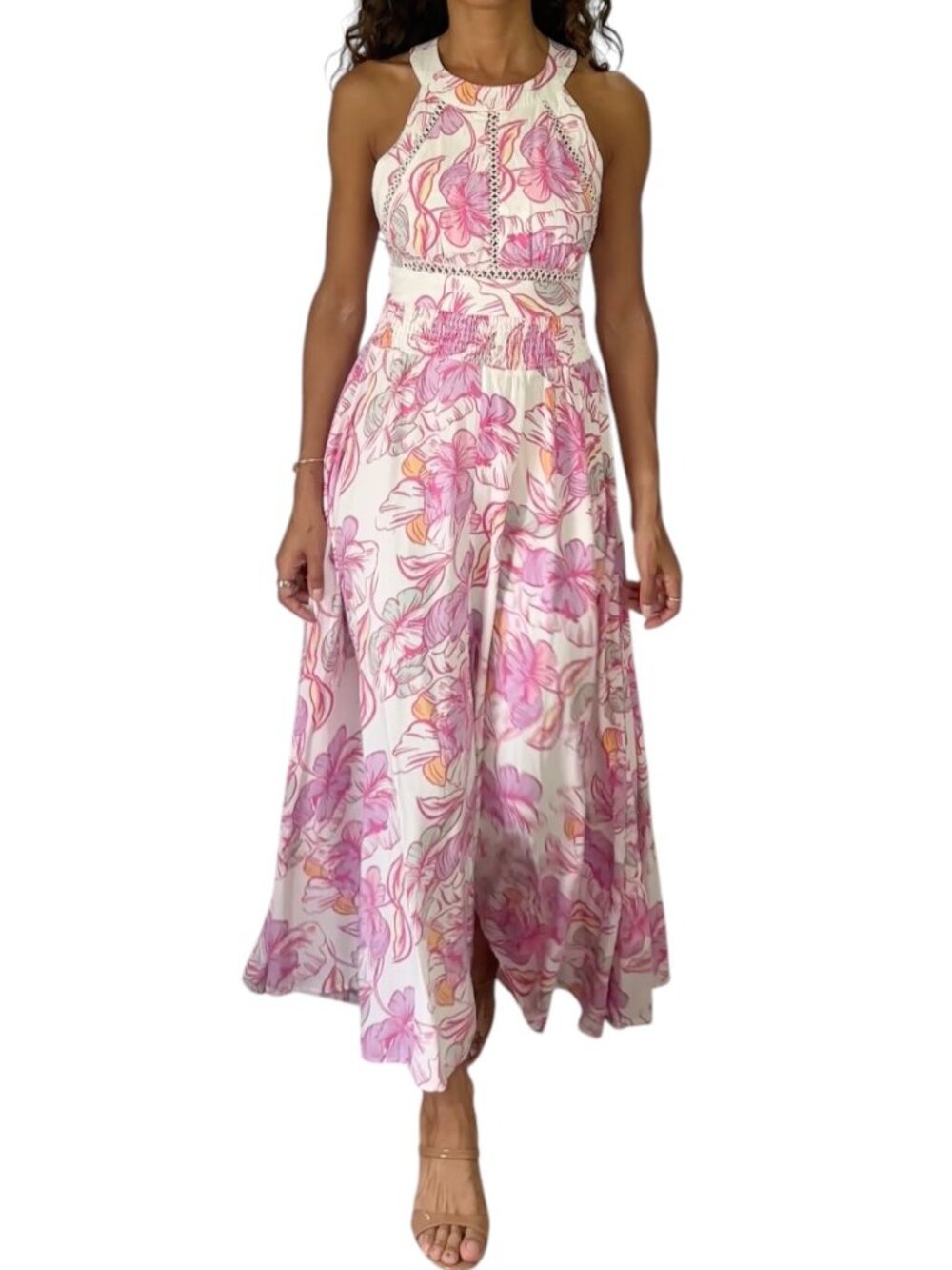 Abel the Label White Pink Floral Maxi Dress Open Back Crochet Trim Rayon Size M